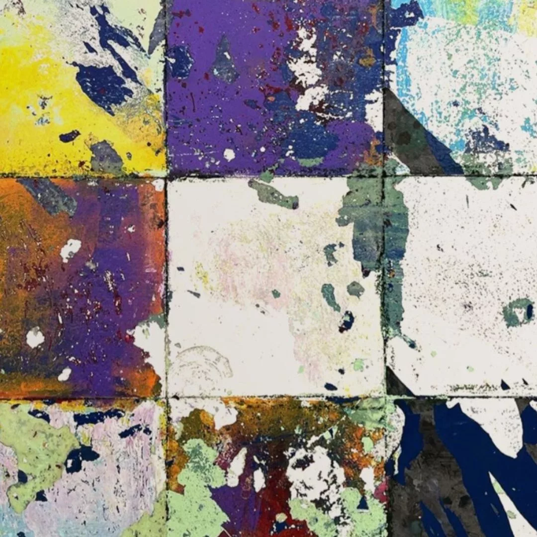 James Gortner collage artwork of bright colors of red, green, yellow and blue
