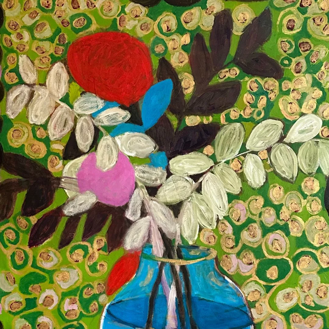 Basmat Levin's painting of a woman in red on a green background with abstractions swirling around the subject.